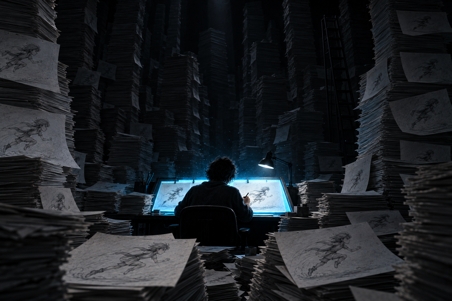 An animator at a light table surrounded by stacks of drawings